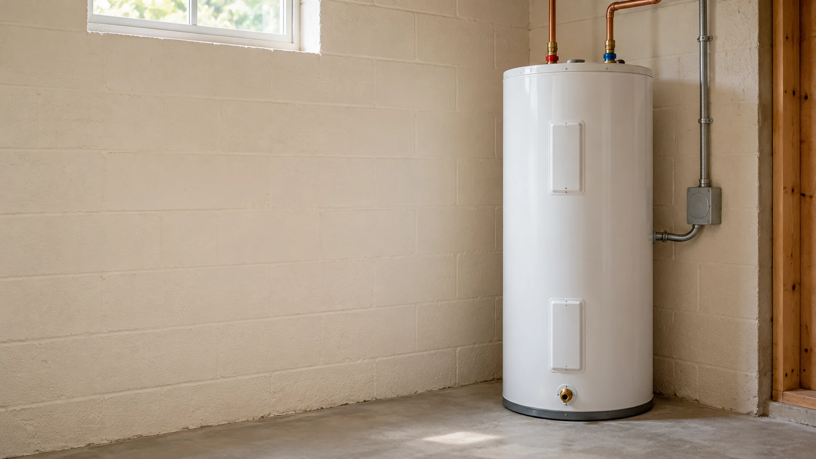 Electric storage water heater with copper water connections against a pale masonry wall